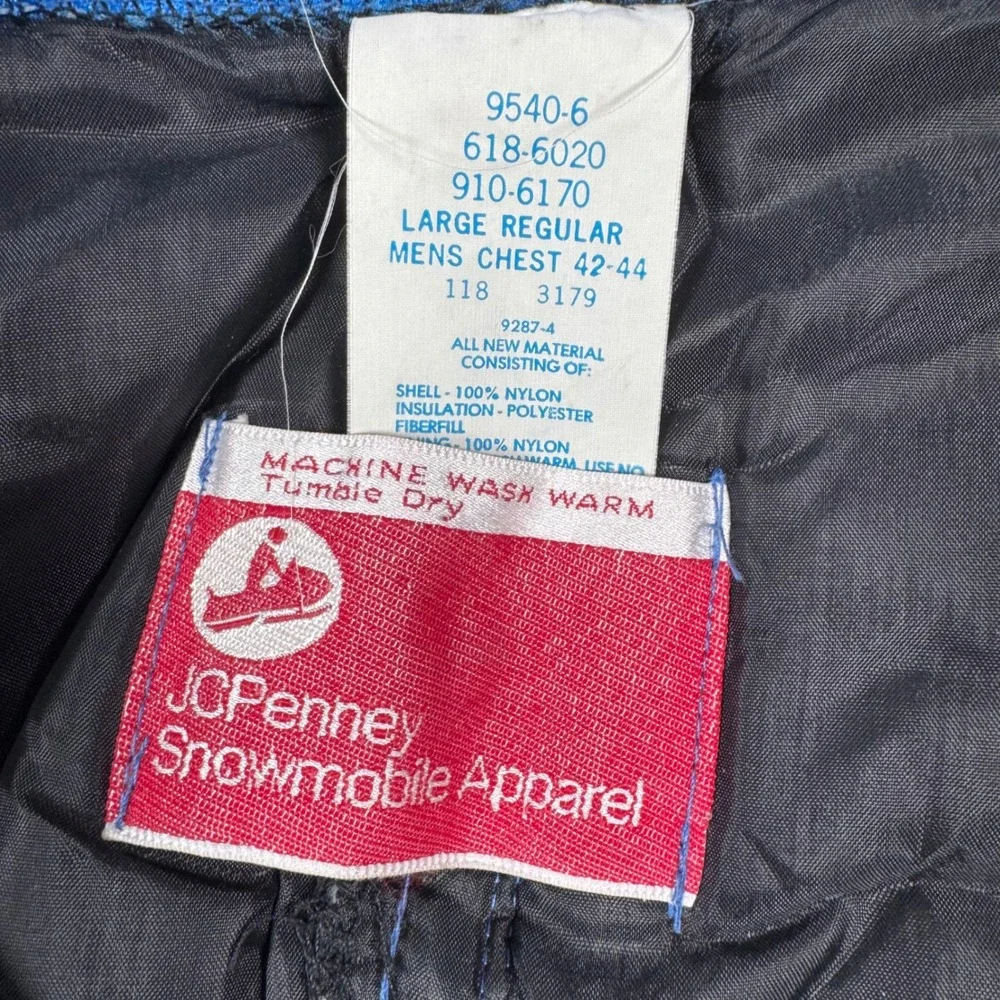 VTG JCPenney Snowmobile Ski Suit Men L Blue Coveralls Hood Belted Retro Gorpcore
